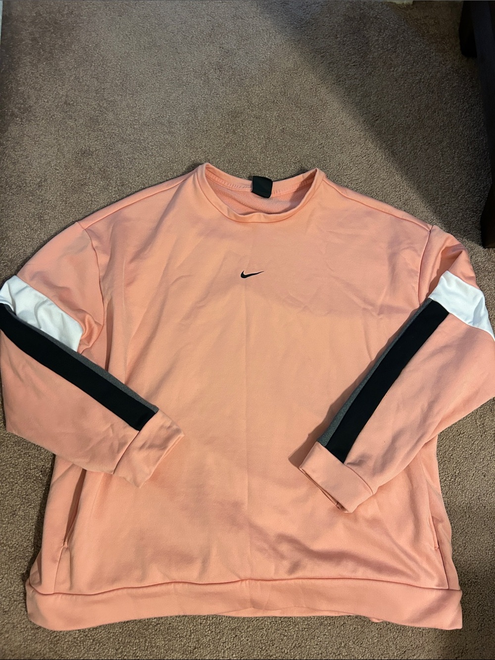 Nike Peach Crewneck with Black & White Sleeve Stripes oversized